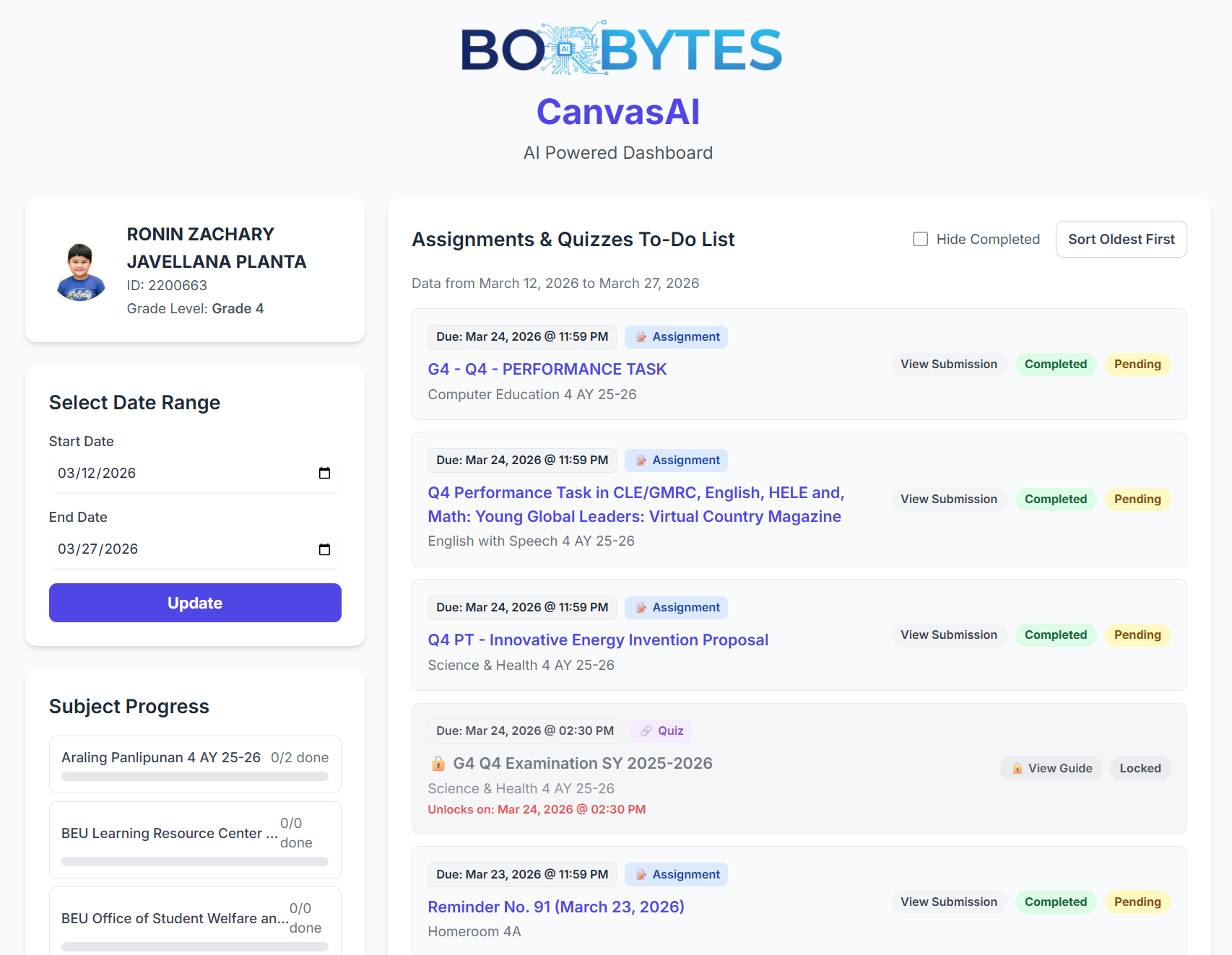 CanvasAI academic dashboard