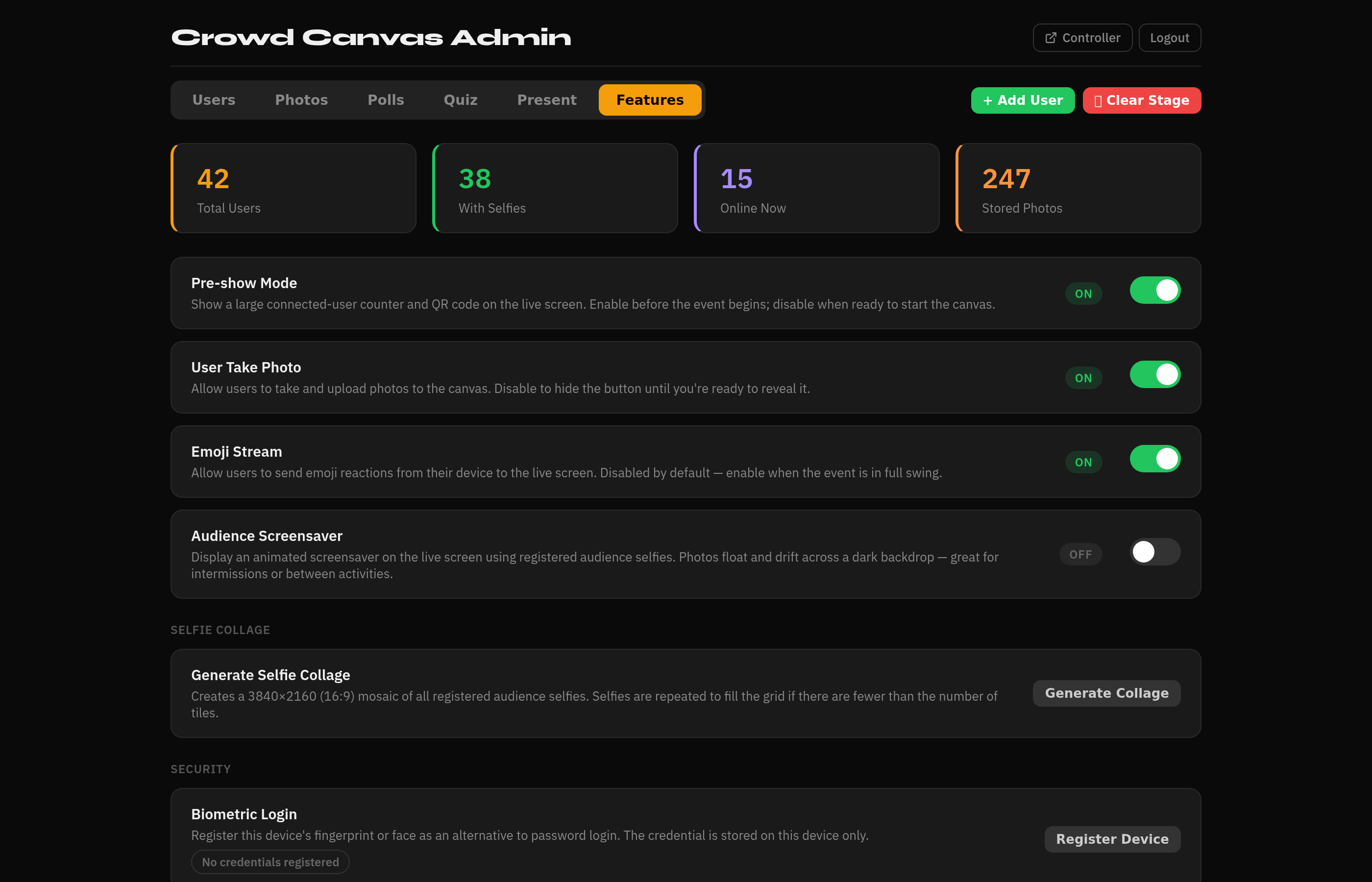 Admin console with feature toggles and stats