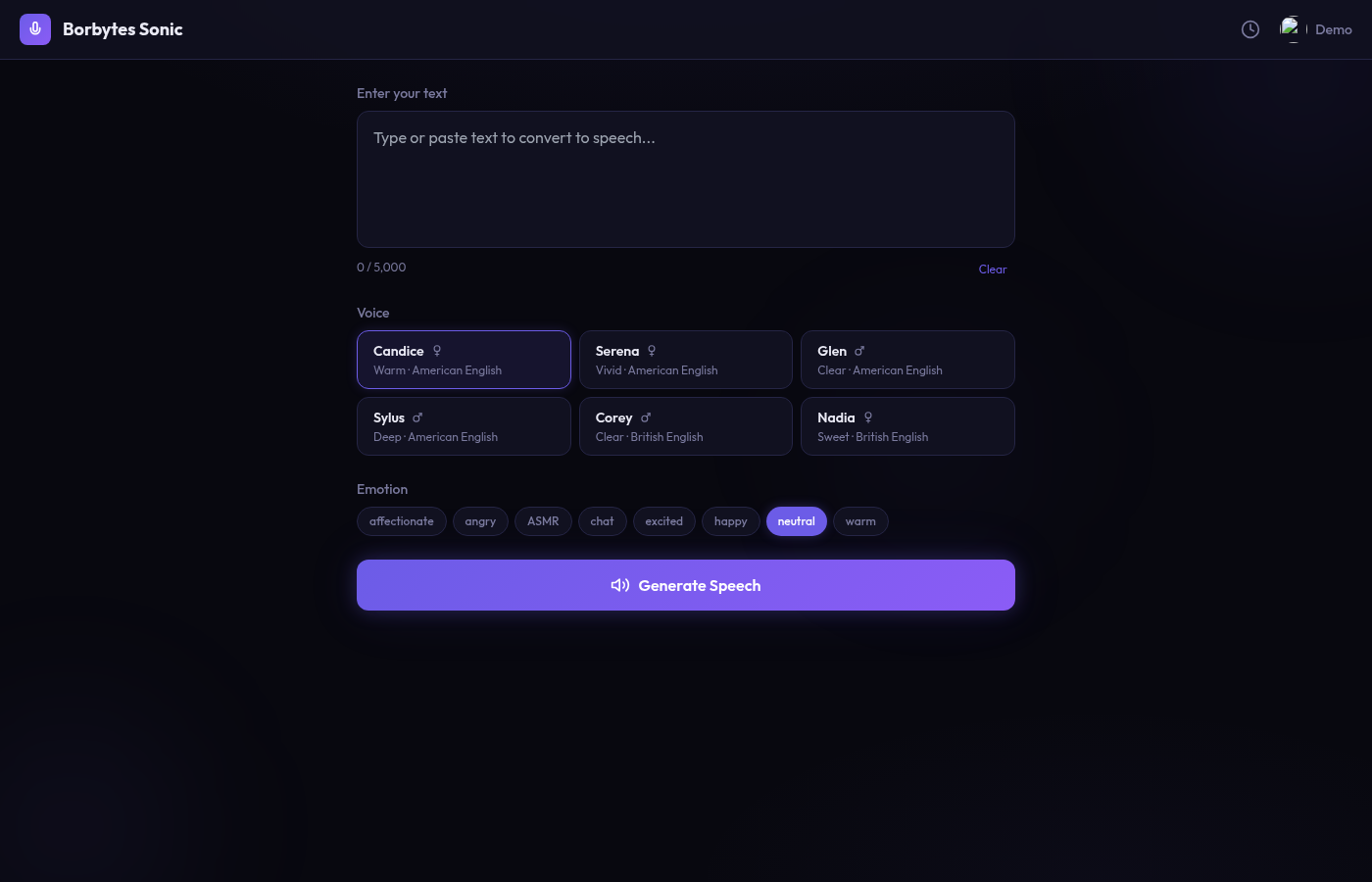 Sonic TTS interface with voice selection