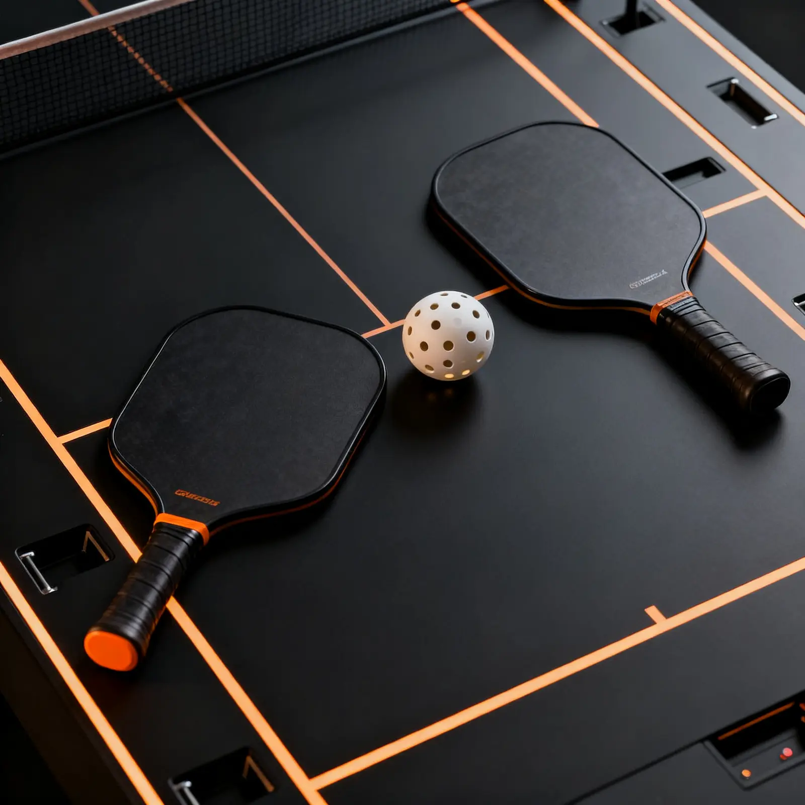 Dark pickleball court with paddles and ball