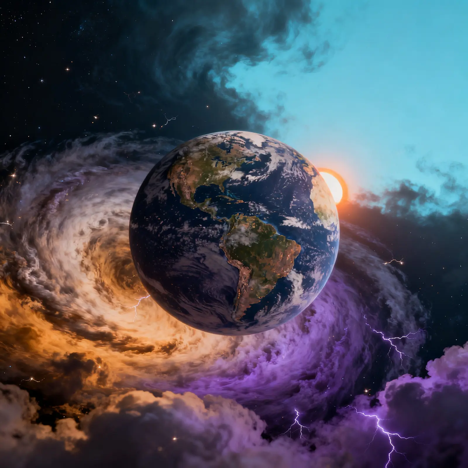 Planet Earth surrounded by atmospheric weather systems